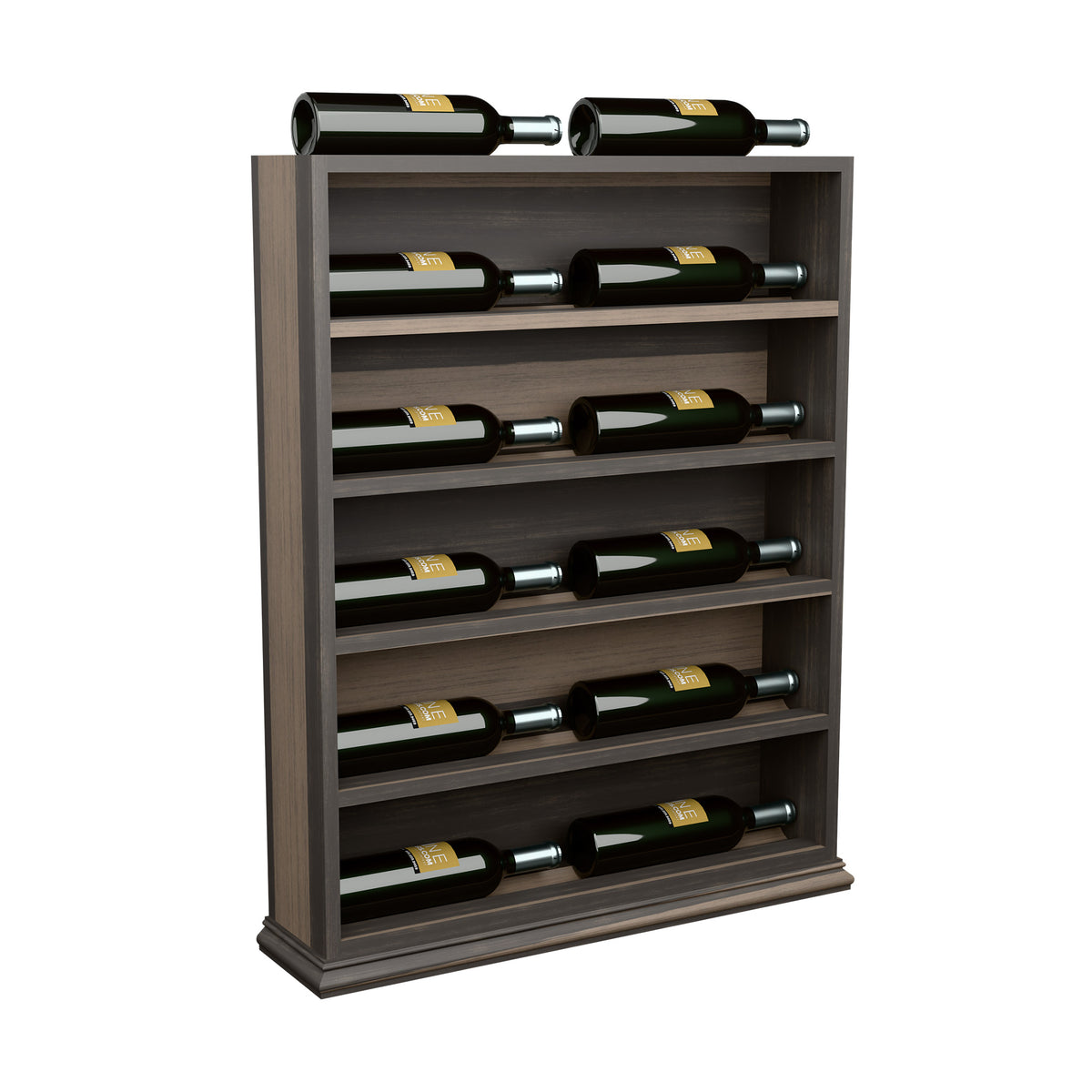 Horizontal wine bottle display rack end cap, dark stained wood shelves