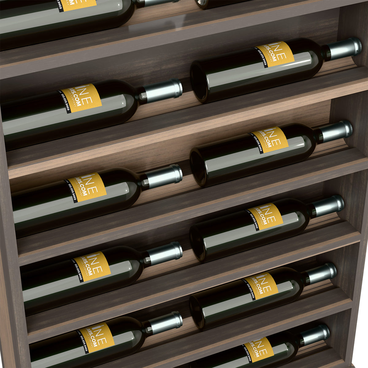 Horizontal wine bottle display rack end cap, close-up of dark wood shelf rows