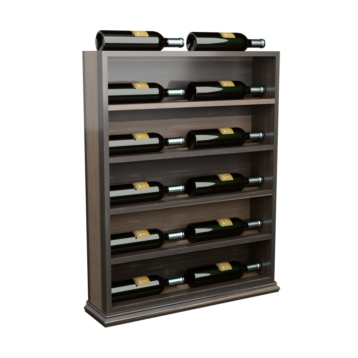 Horizontal wine bottle display rack end cap, dark stained wood with wine bottles