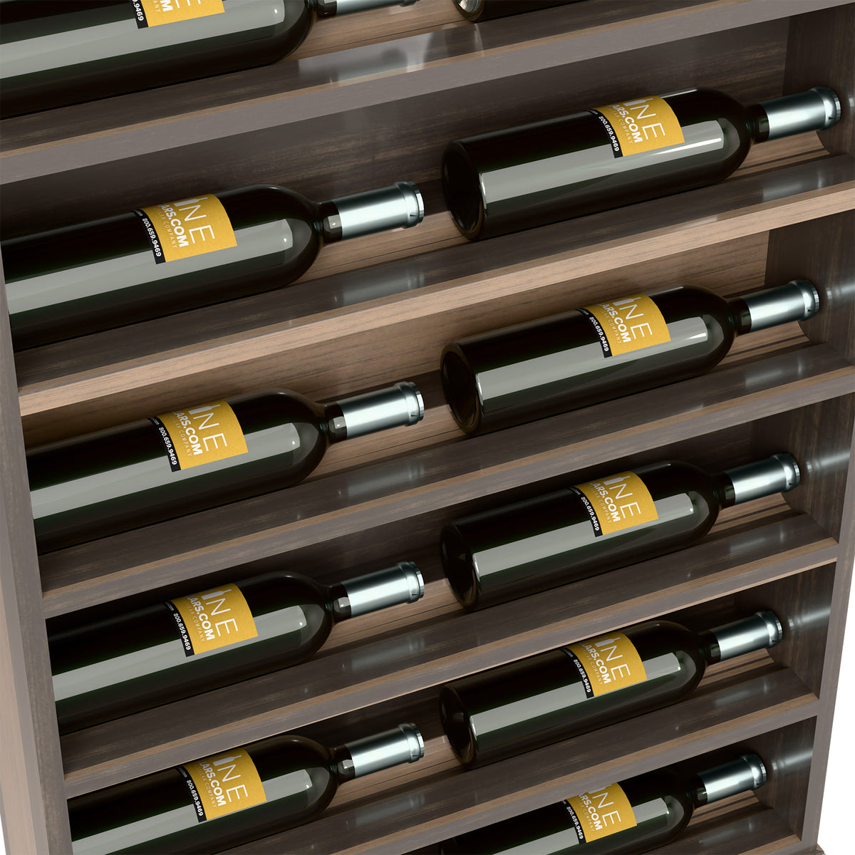 Horizontal wine bottle display rack end cap, close-up of dark shelf compartments