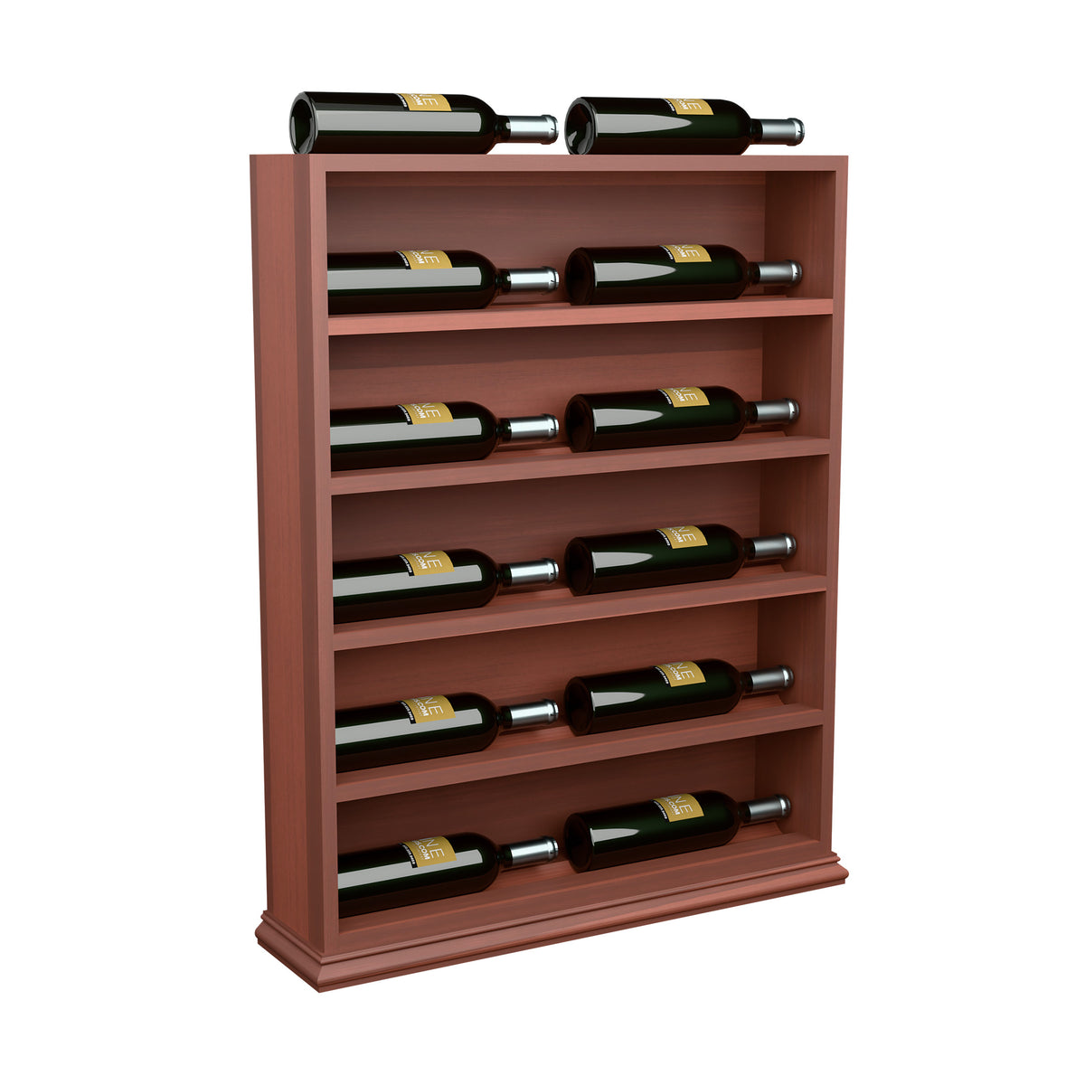 Horizontal wine bottle display rack end cap, reddish stained wood with wine bottles