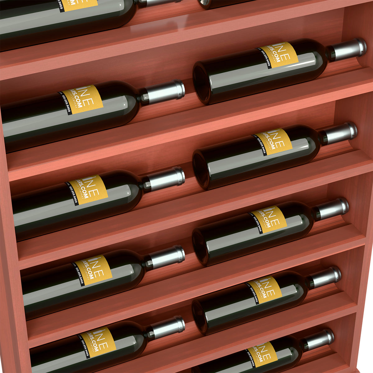 Horizontal wine bottle display rack end cap, close-up of reddish shelf rows