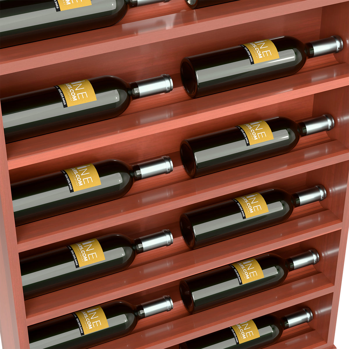 Horizontal wine bottle display rack end cap, close-up of reddish wood shelf rows