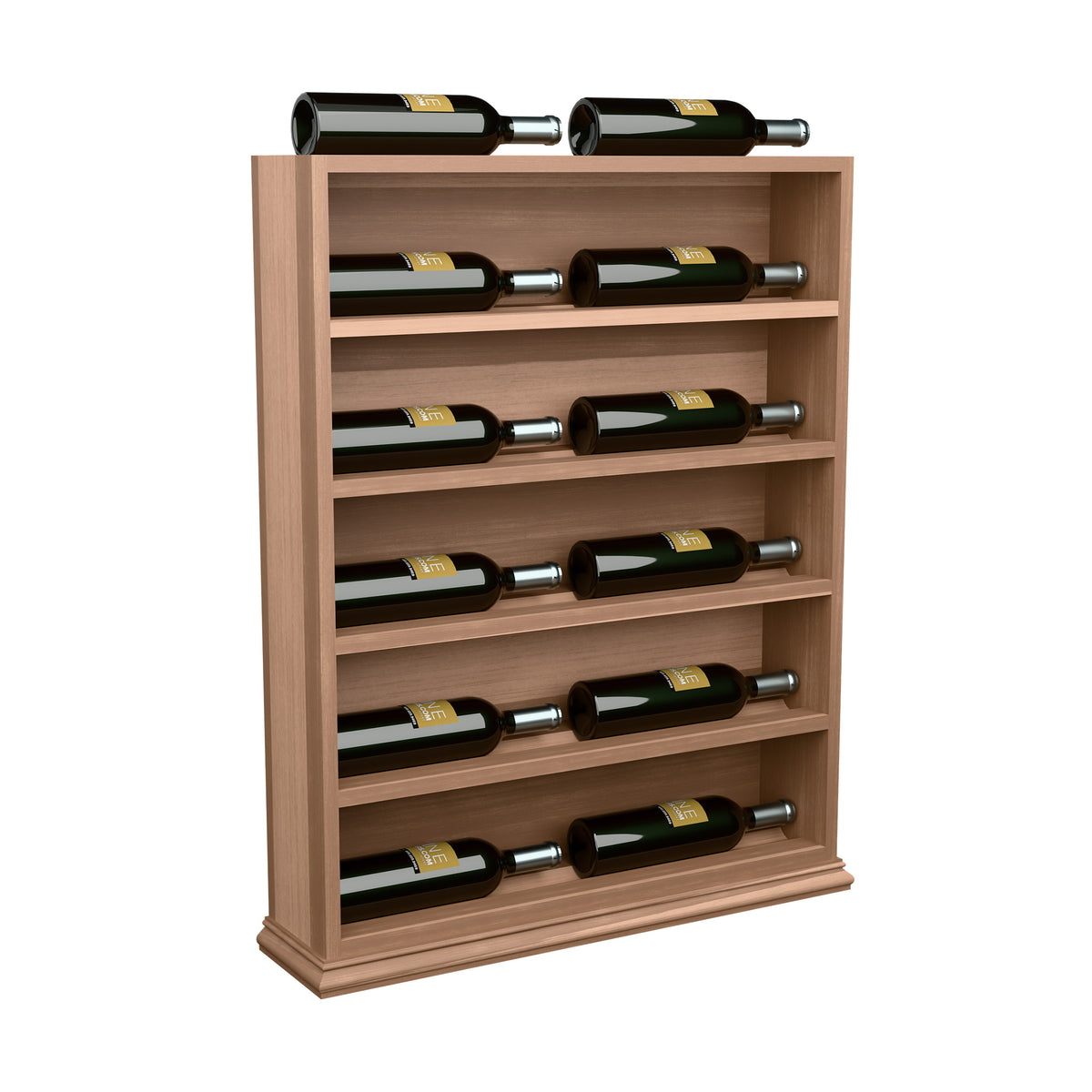 Horizontal wine bottle display rack end cap, light stained wood with wine bottles