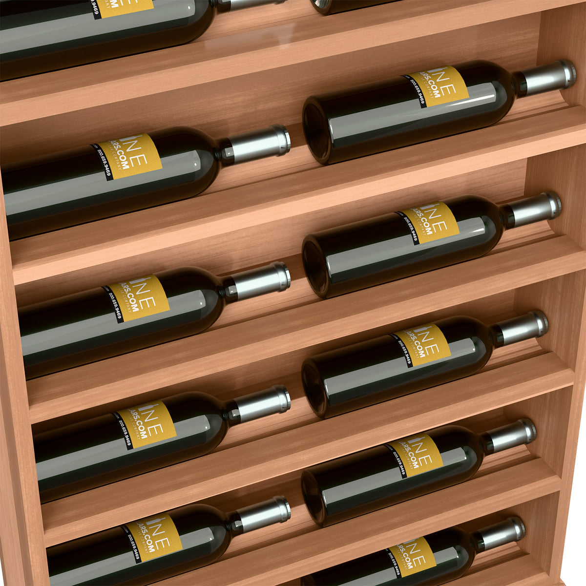 Horizontal wine bottle display rack end cap, close-up of light wood shelf rows