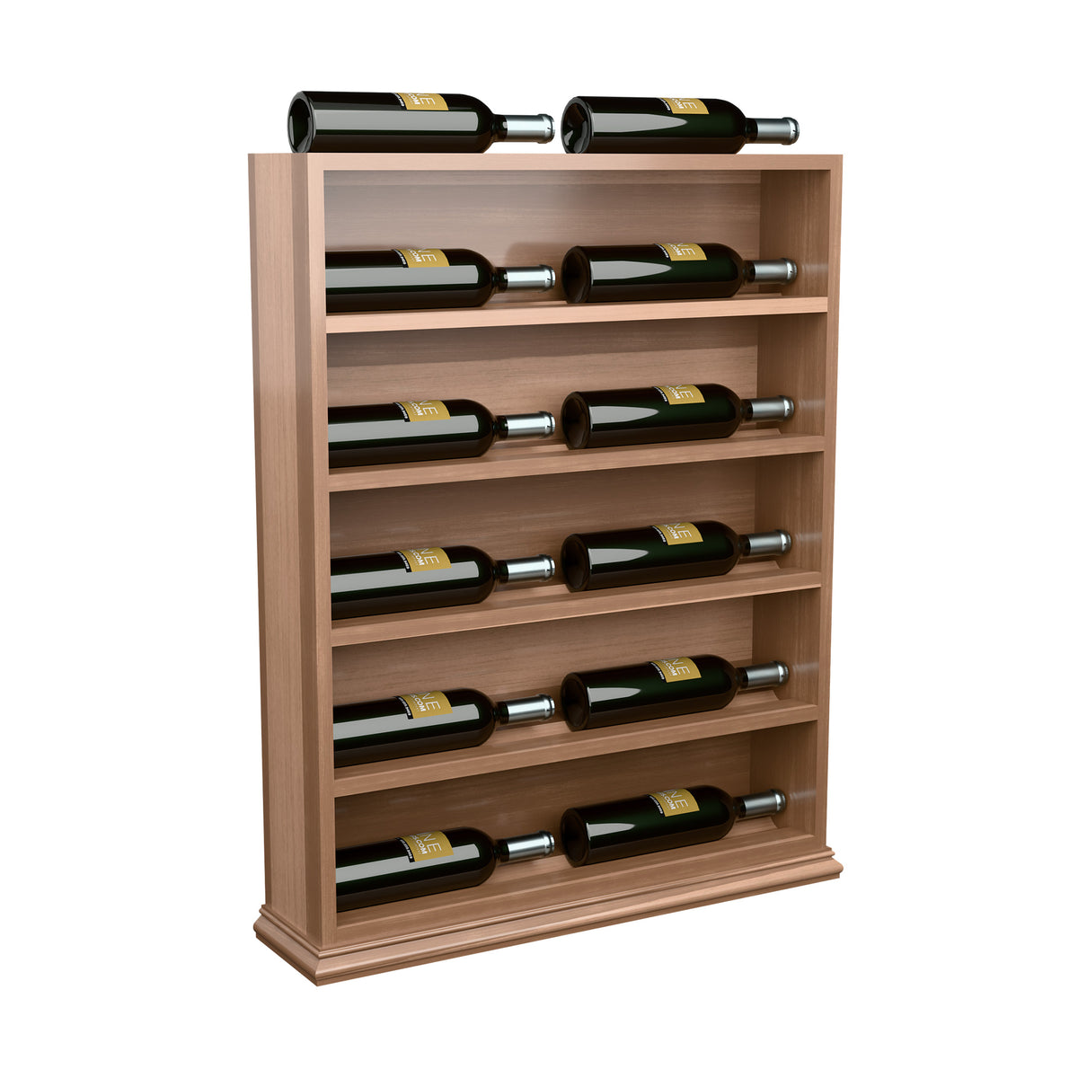Light wood wine bottle display rack with open horizontal slots for bottles