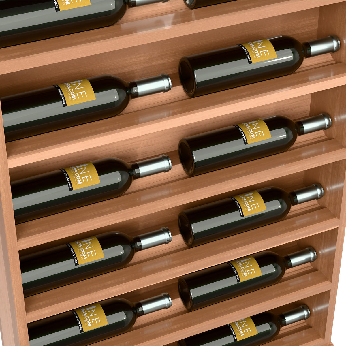 Close-up of light wood wine bottle display rack holding green bottles in rows