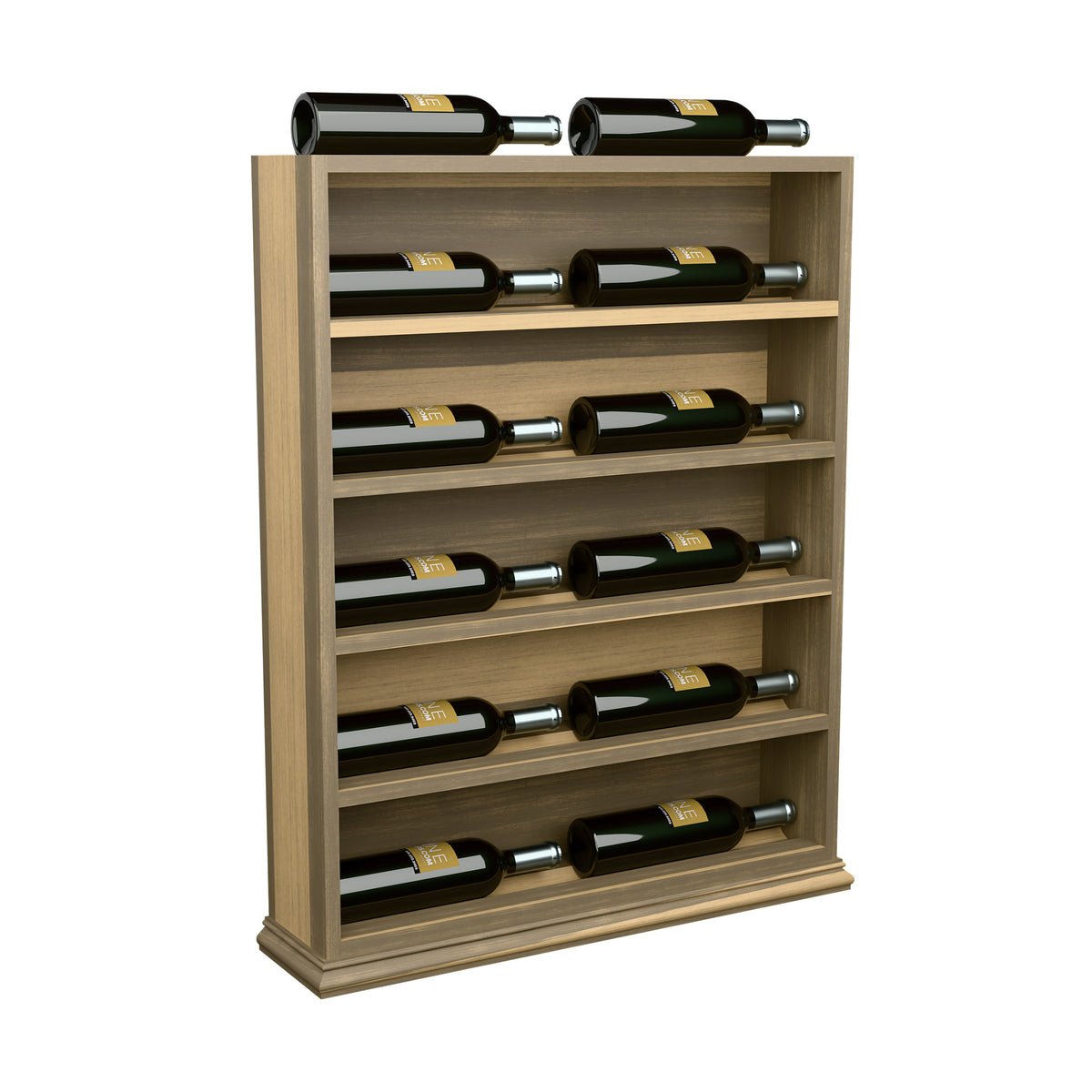 Light wood wine bottle display rack with multiple horizontal bottle slots and base