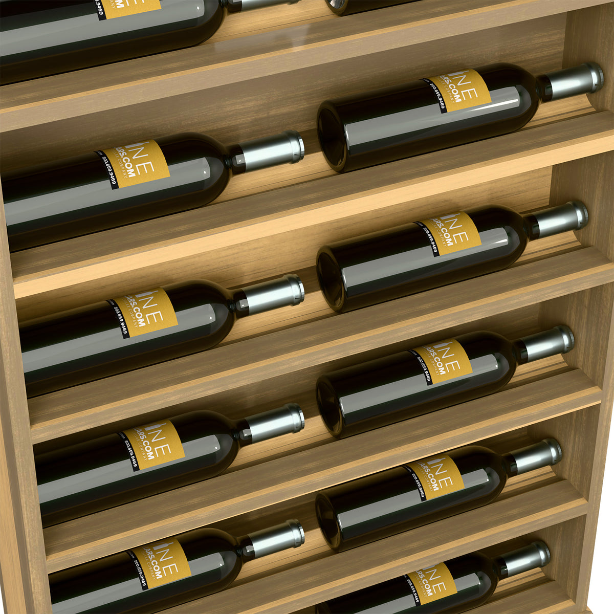 Close-up of light wood wine bottle rack with green bottles in staggered rows