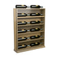 Light wood wine bottle display rack with empty front slots and two bottles on top