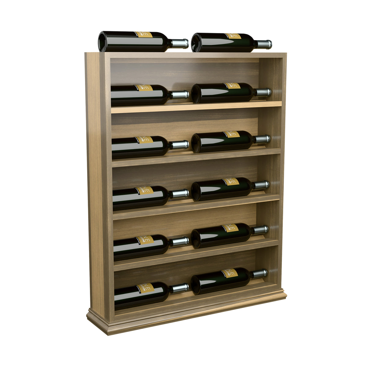 Light wood wine bottle display rack with empty front slots and two bottles on top