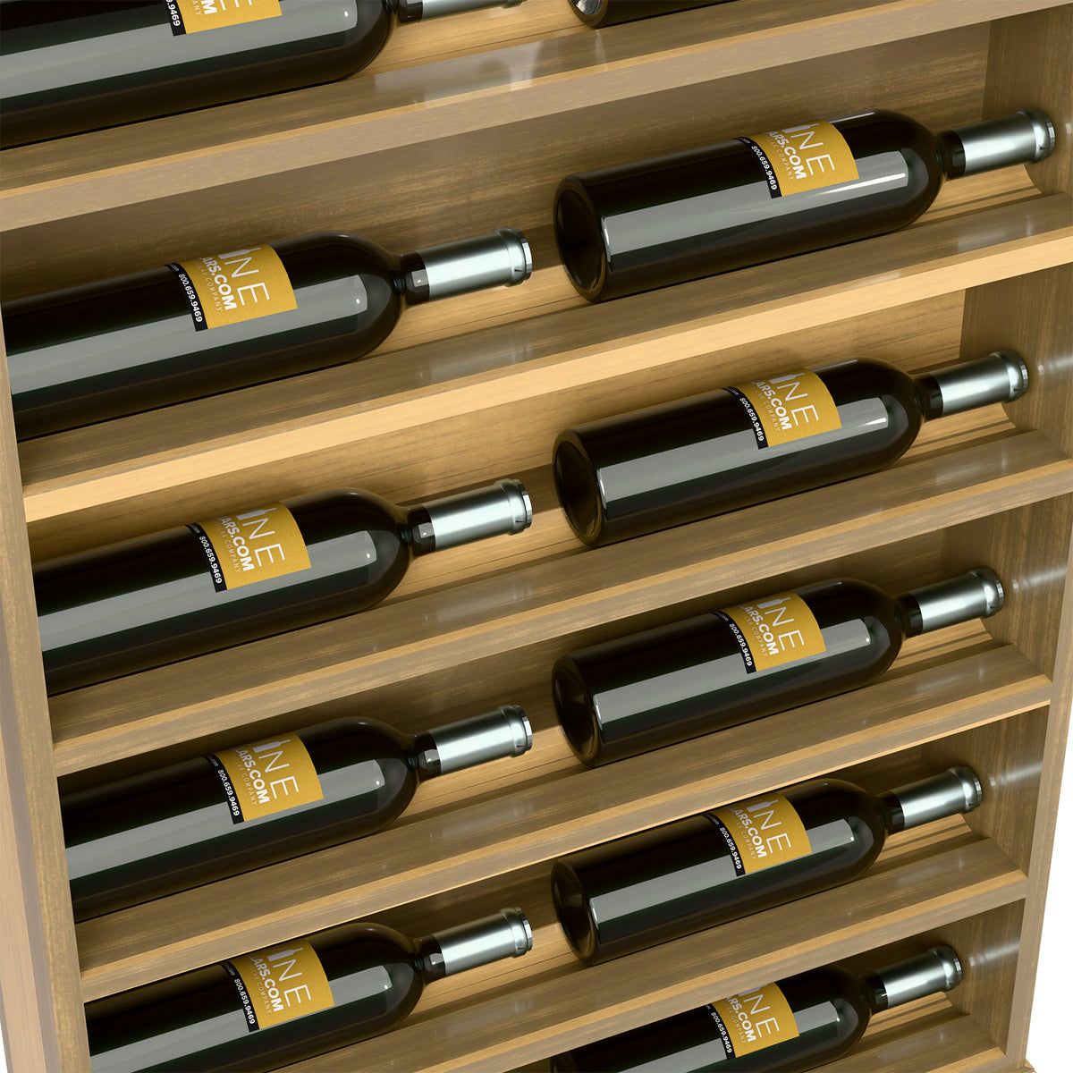 Close-up of light wood wine bottle display rack with green bottles on shelves
