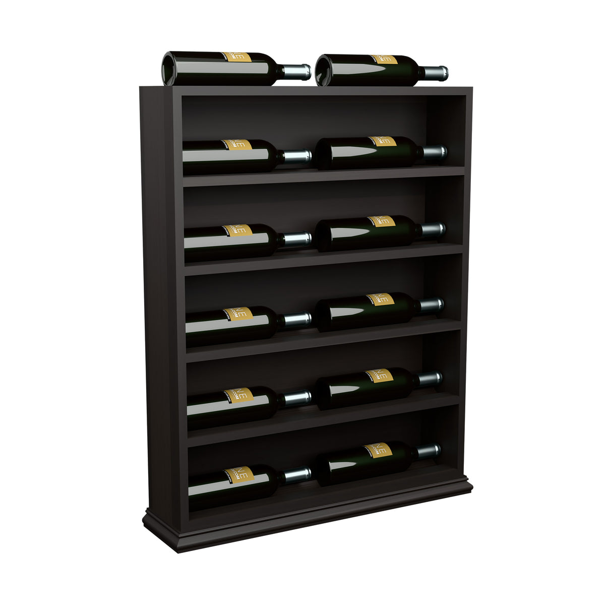 Dark wood wine bottle display rack with open horizontal bottle slots