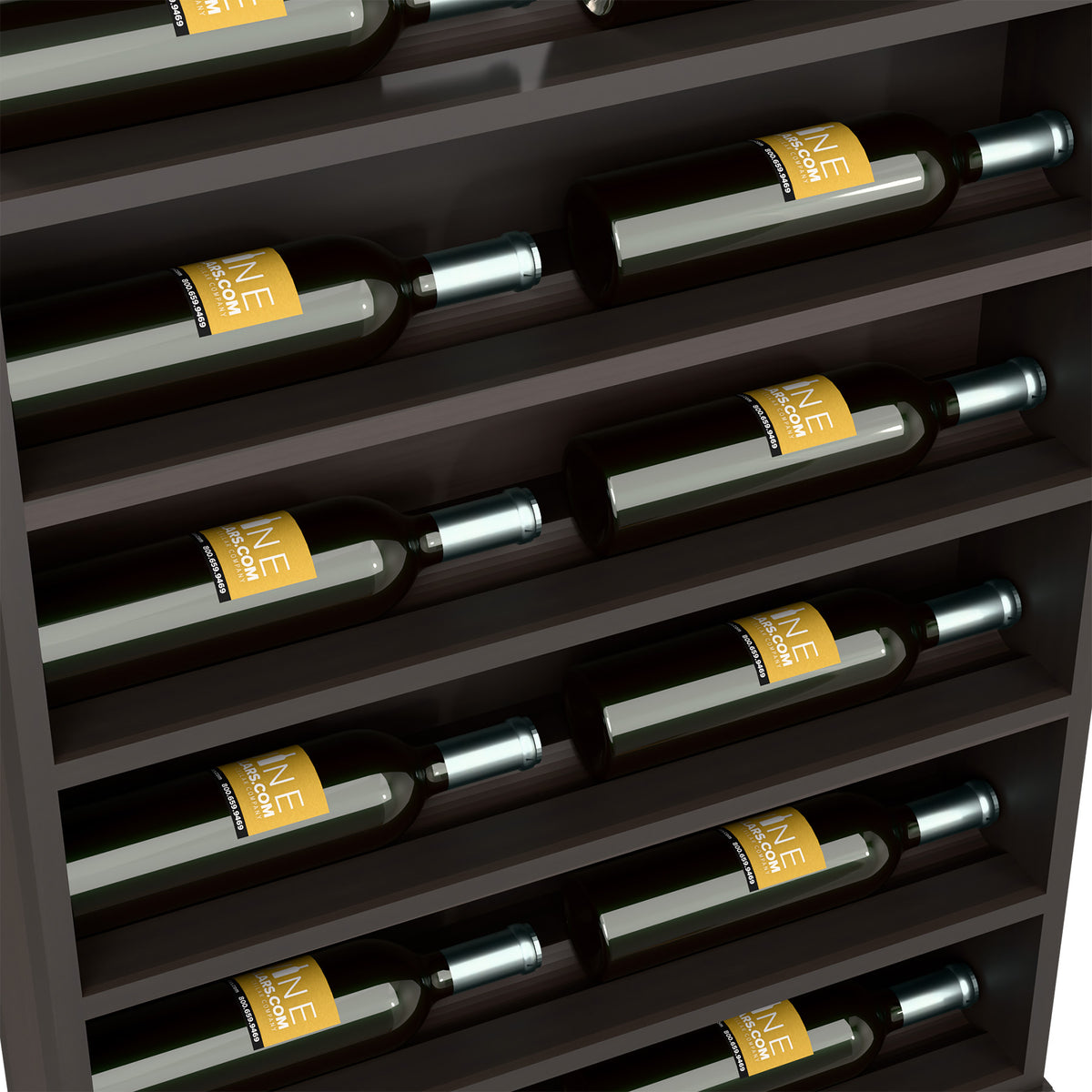 Close-up of dark wood wine bottle display rack holding green bottles in rows