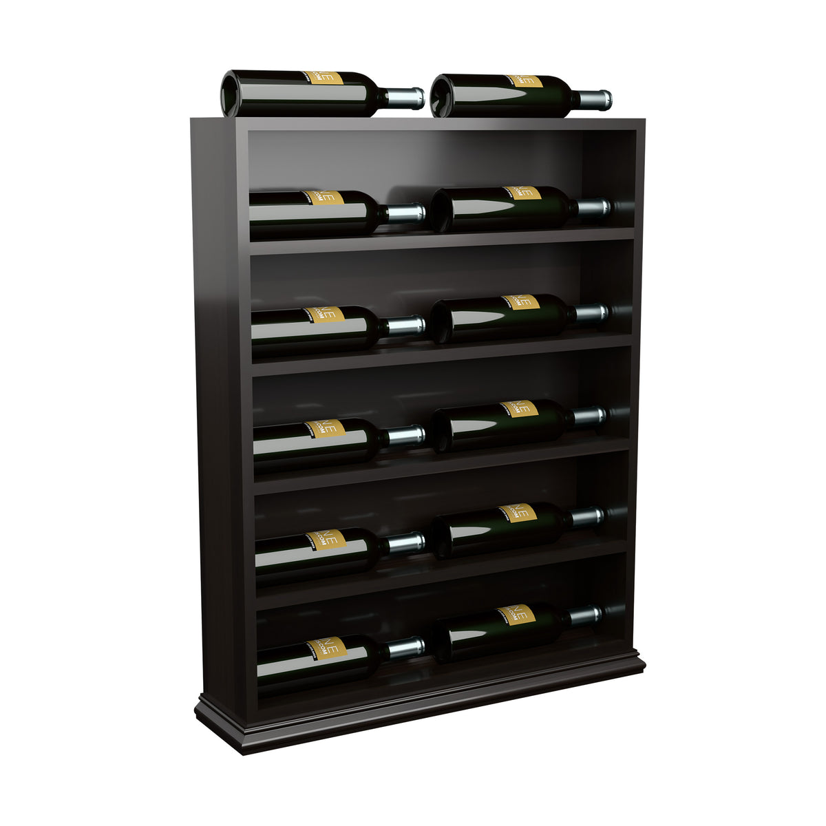Dark wood wine bottle display rack with multiple horizontal slots and raised base
