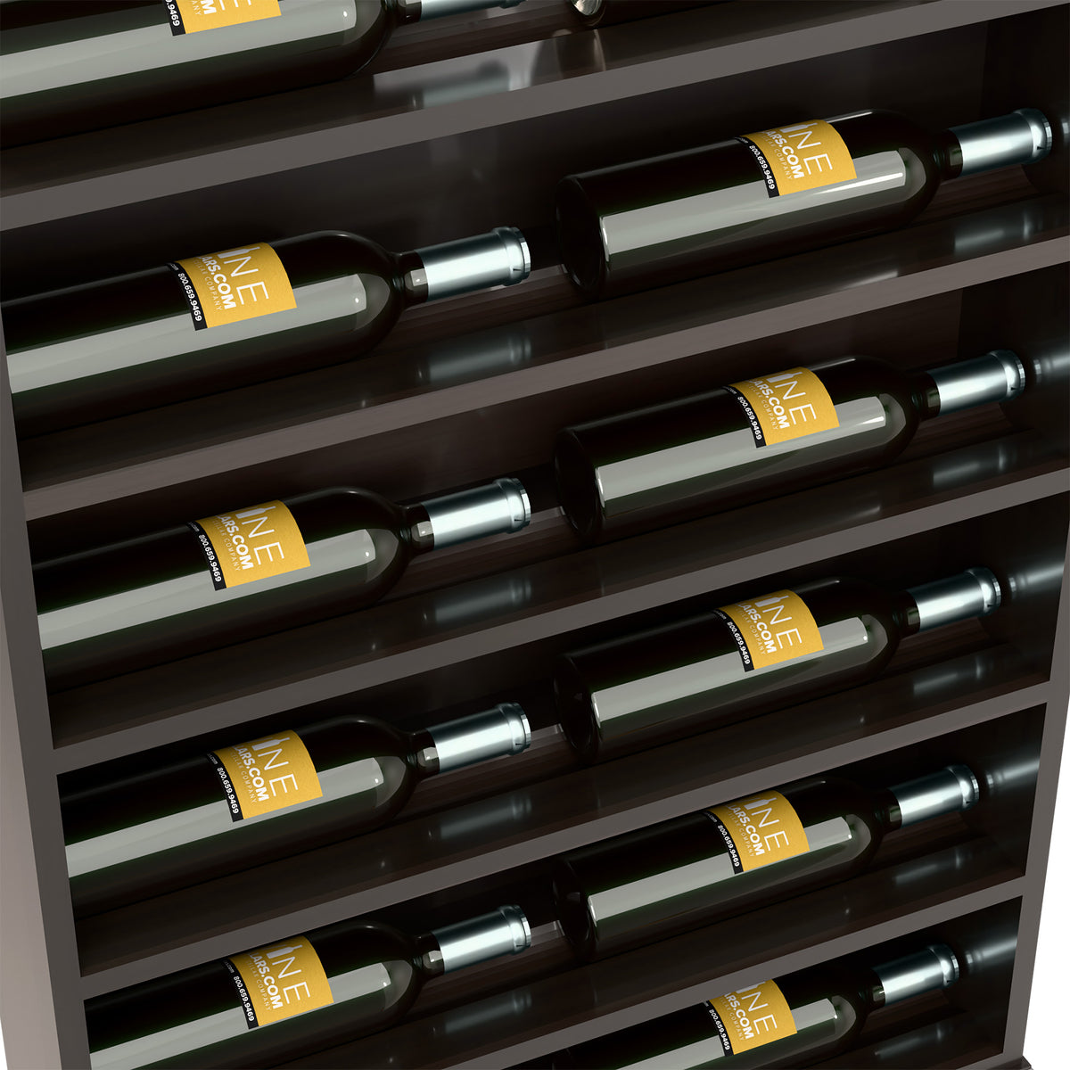 Close-up of dark wood wine bottle rack with green bottles arranged on shelves