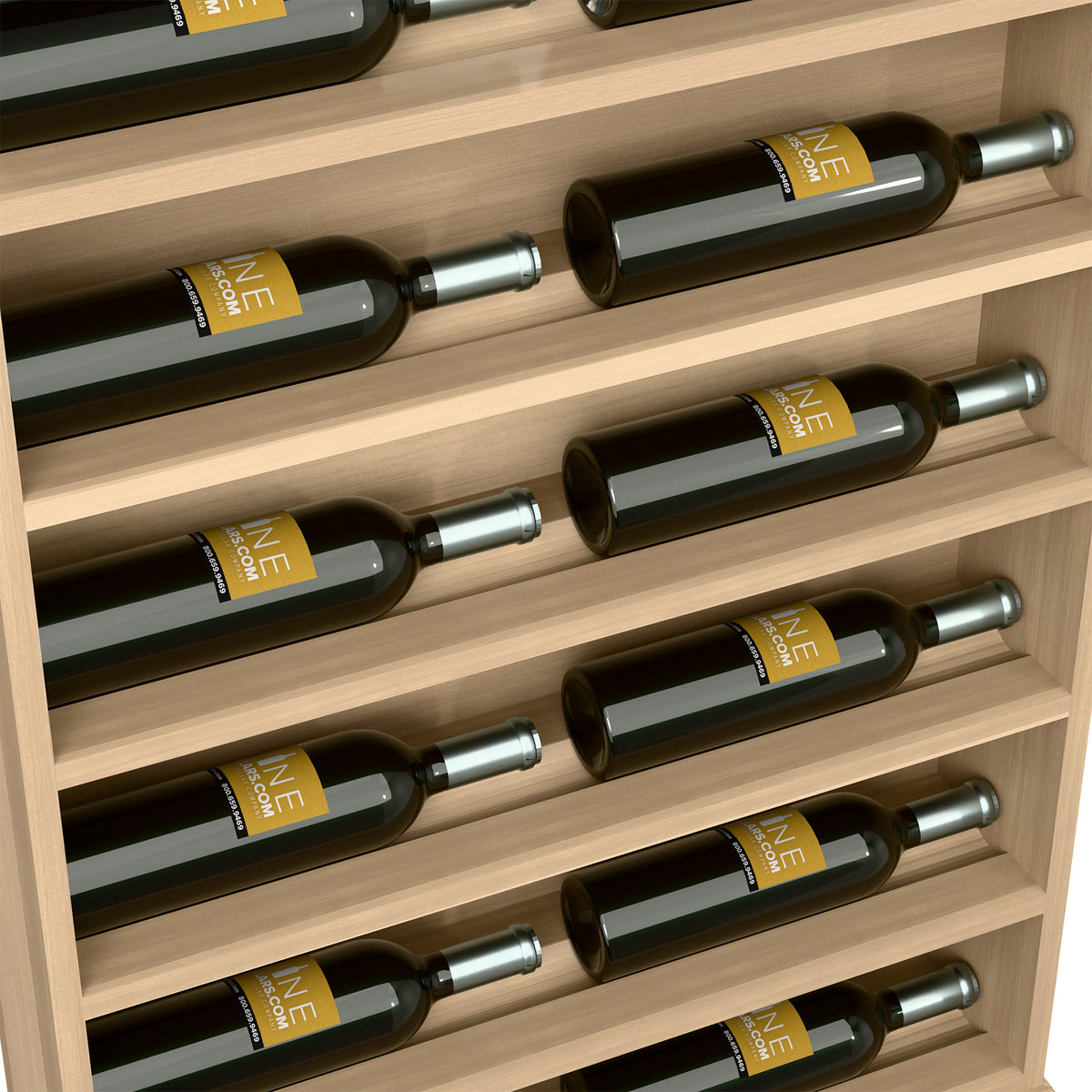 Wine bottle display rack end cap, light natural wood with front wine bottles