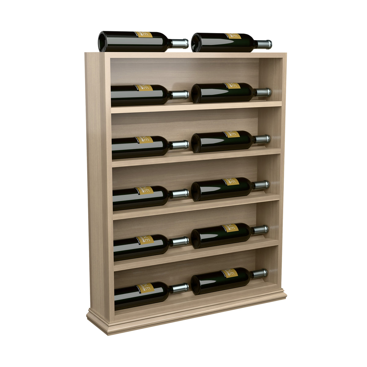 Wine bottle display rack end cap, light natural wood with multiple wine bottles