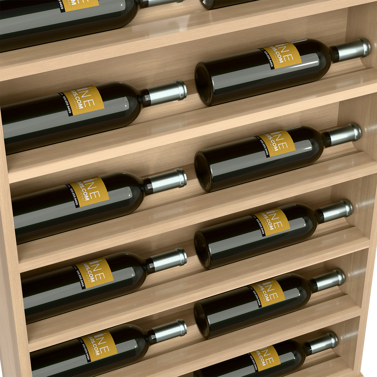 Wine bottle display rack end cap, light natural wood with several wine bottles