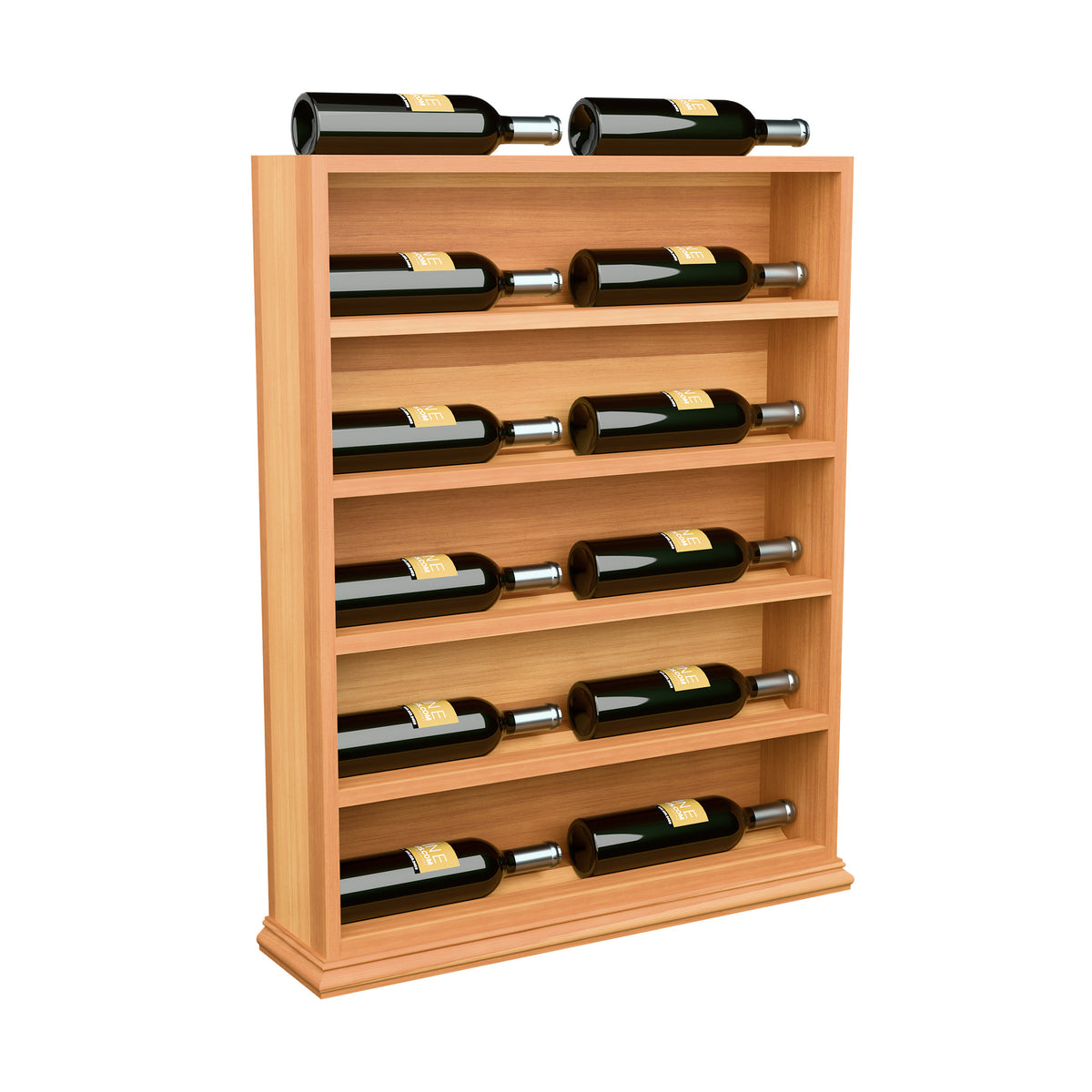 Wine bottle display rack end cap, warm light wood with wine bottles