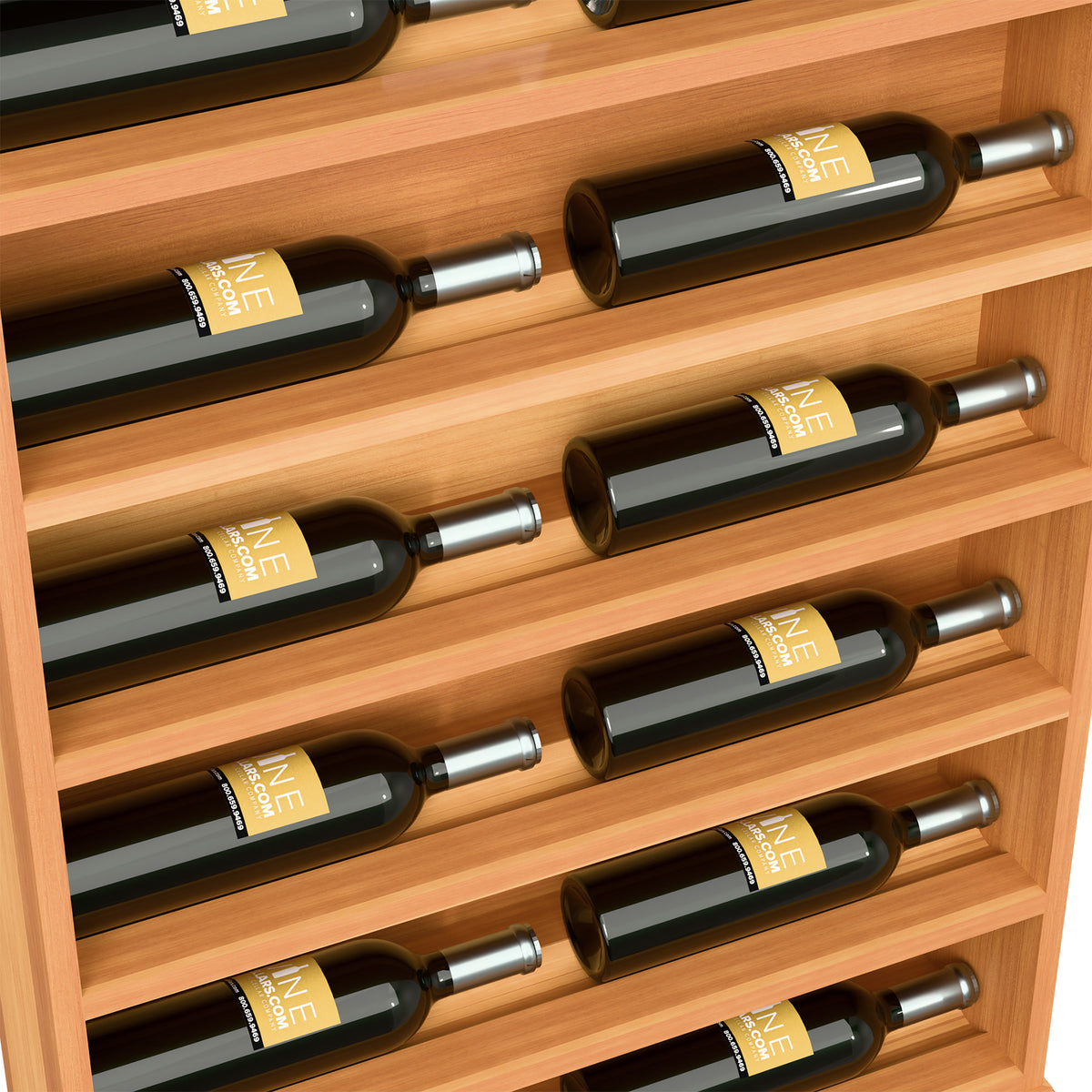 Wine bottle display rack end cap, warm light wood with front wine bottles