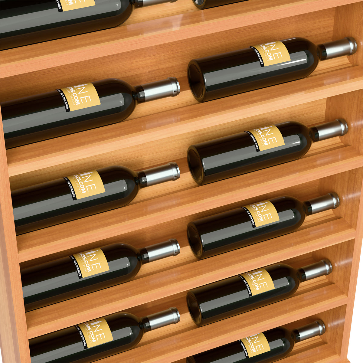 Wine bottle display rack end cap, honey-colored wood with front wine bottles