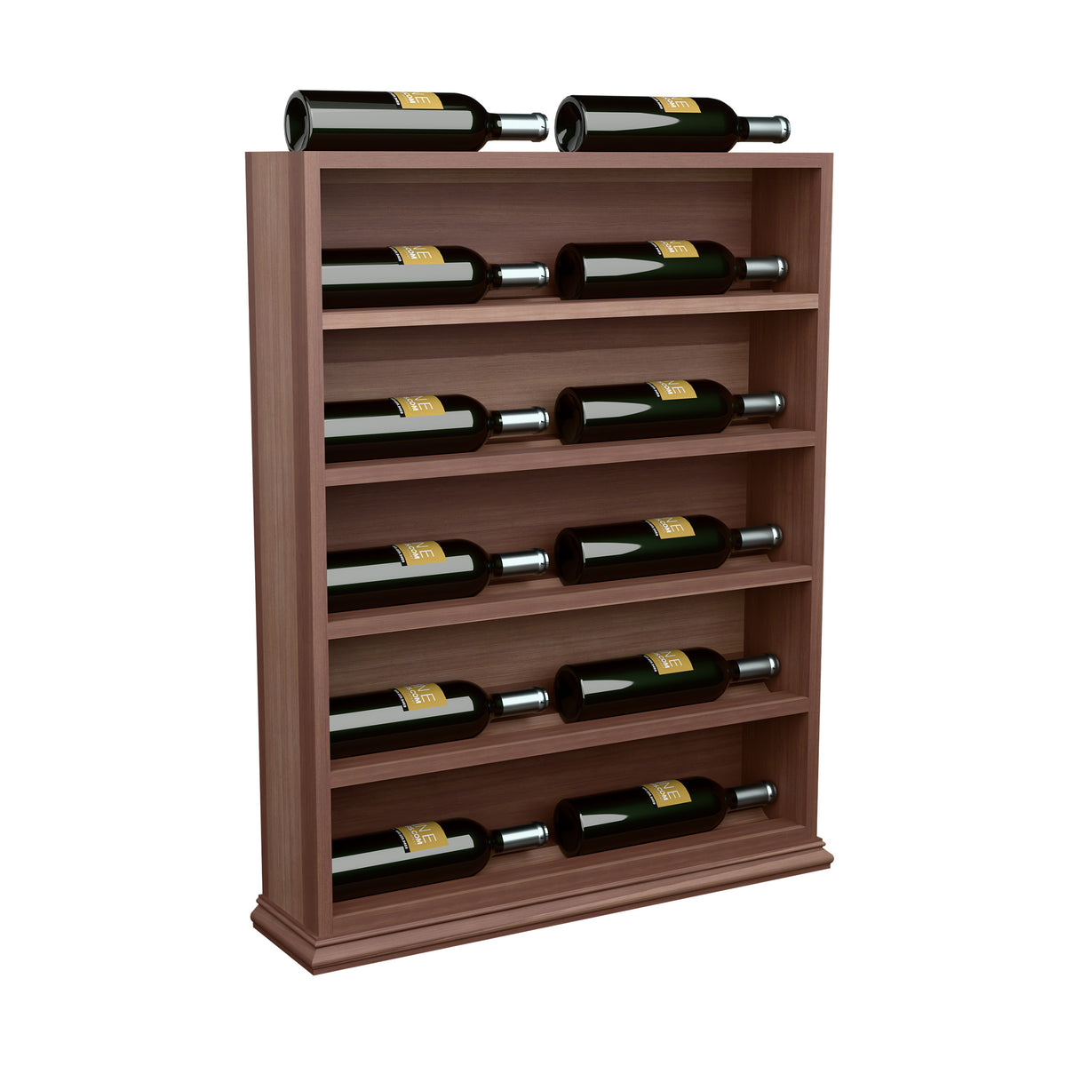 Wine bottle display rack end cap, dark brown wood with wine bottles