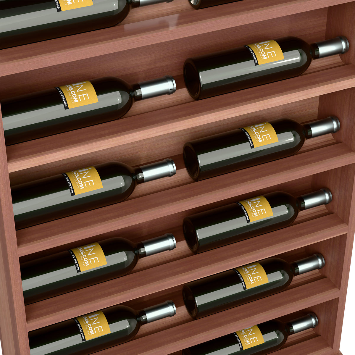 Wine bottle display rack end cap, dark brown wood with front wine bottles