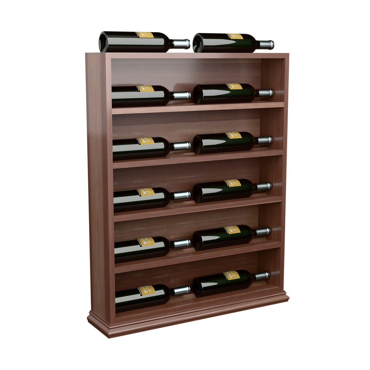 Wine display end cap rack with horizontal shelves holding green wine bottles