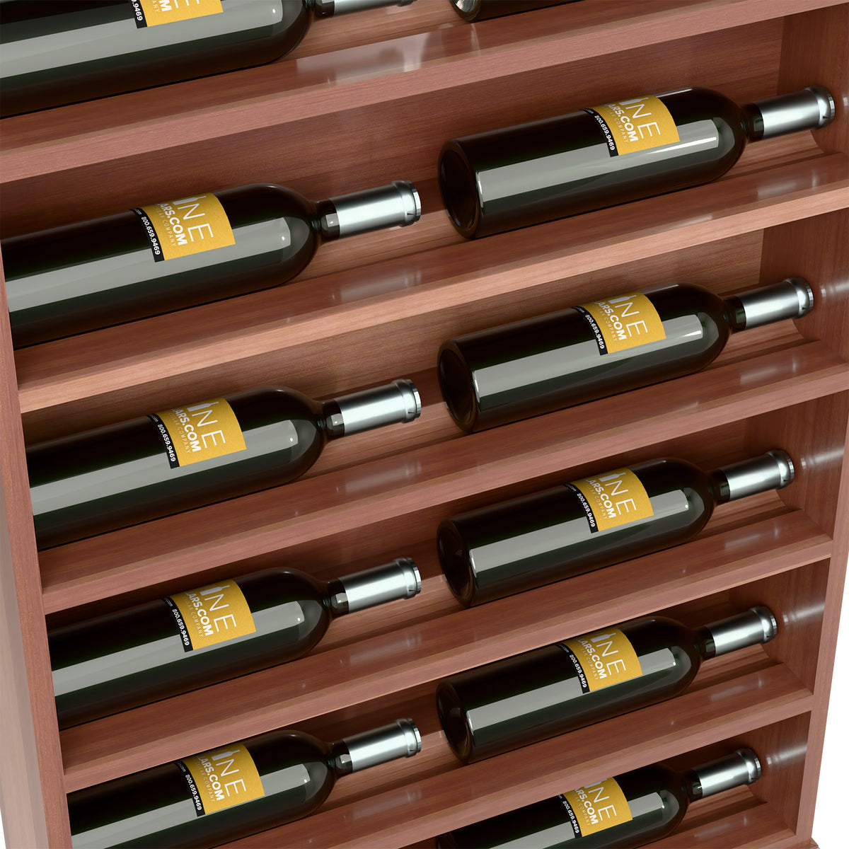 Horizontal wine display end cap detail with rows of green bottles and metal collars