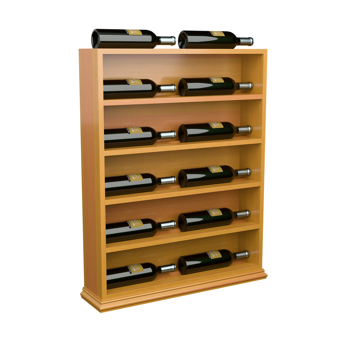 Light wood wine display end cap rack with multiple horizontal bottle rows