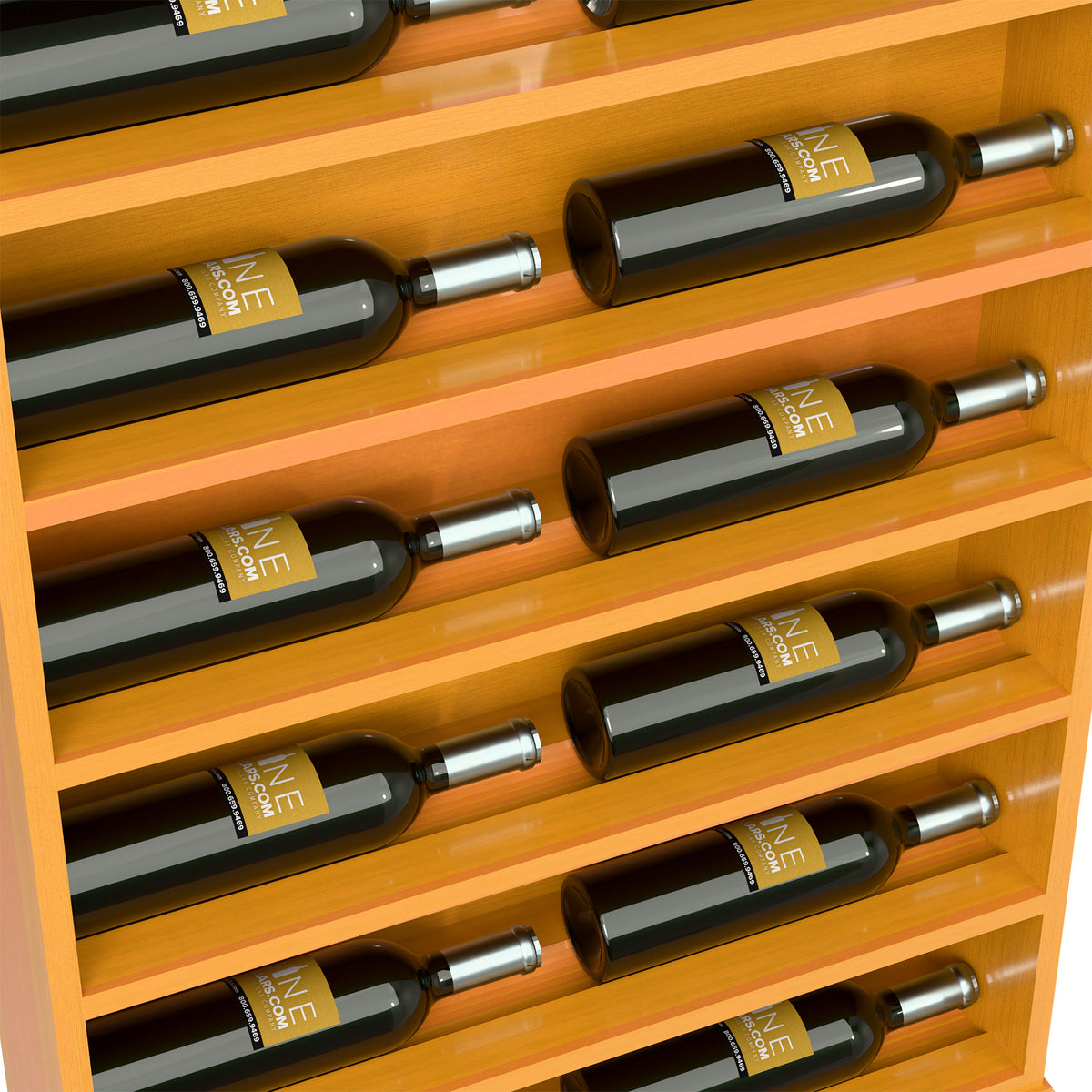 Close-up of light wood wine display end cap showing green bottles on shelves