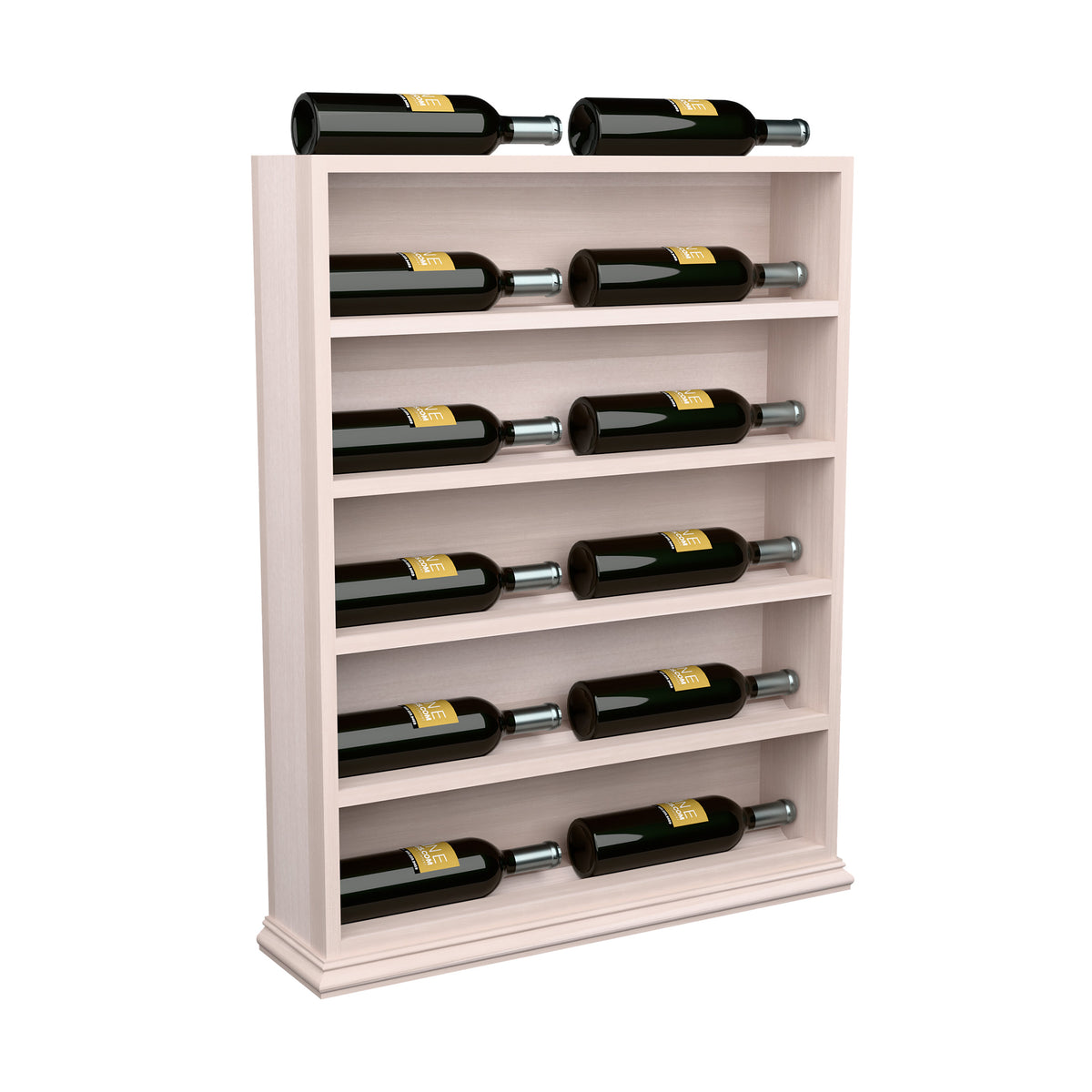 White wine display end cap rack with horizontal shelves and green wine bottles