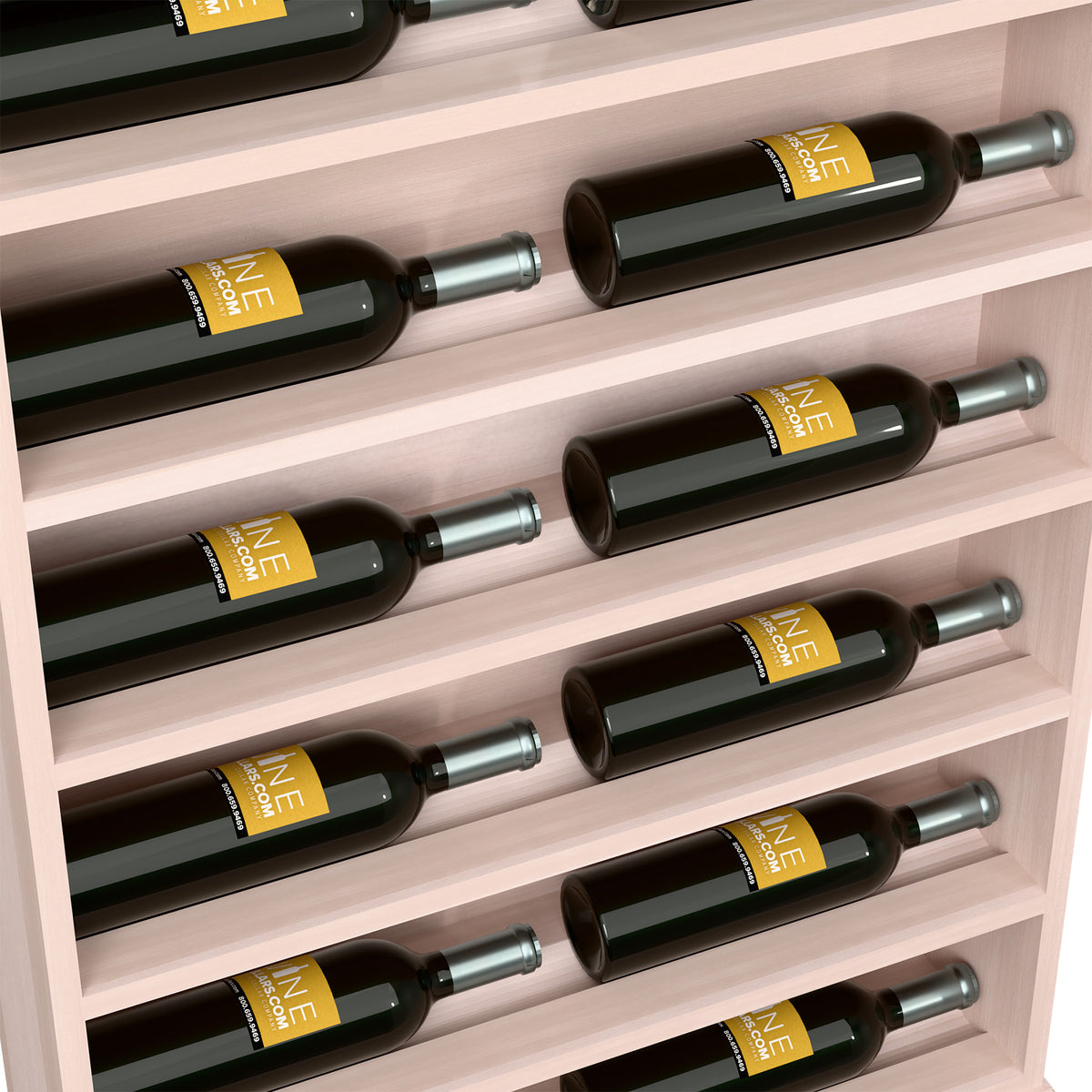 Close-up of white wine display end cap shelves with rows of green bottles