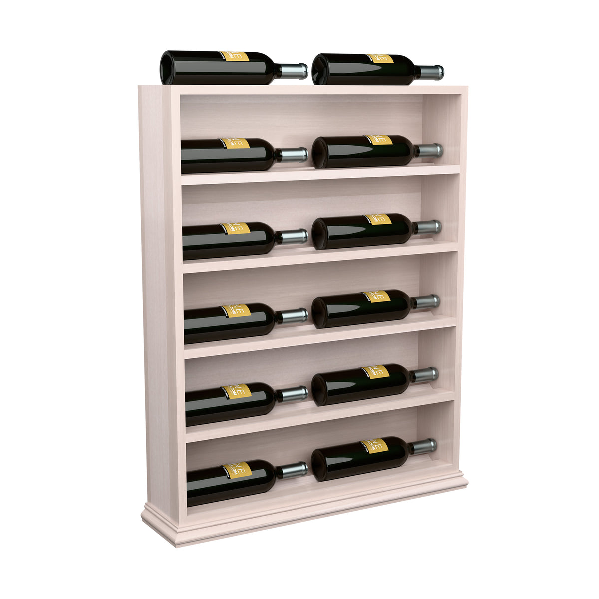 White wine display end cap rack with horizontal bottle shelves and two top bottles