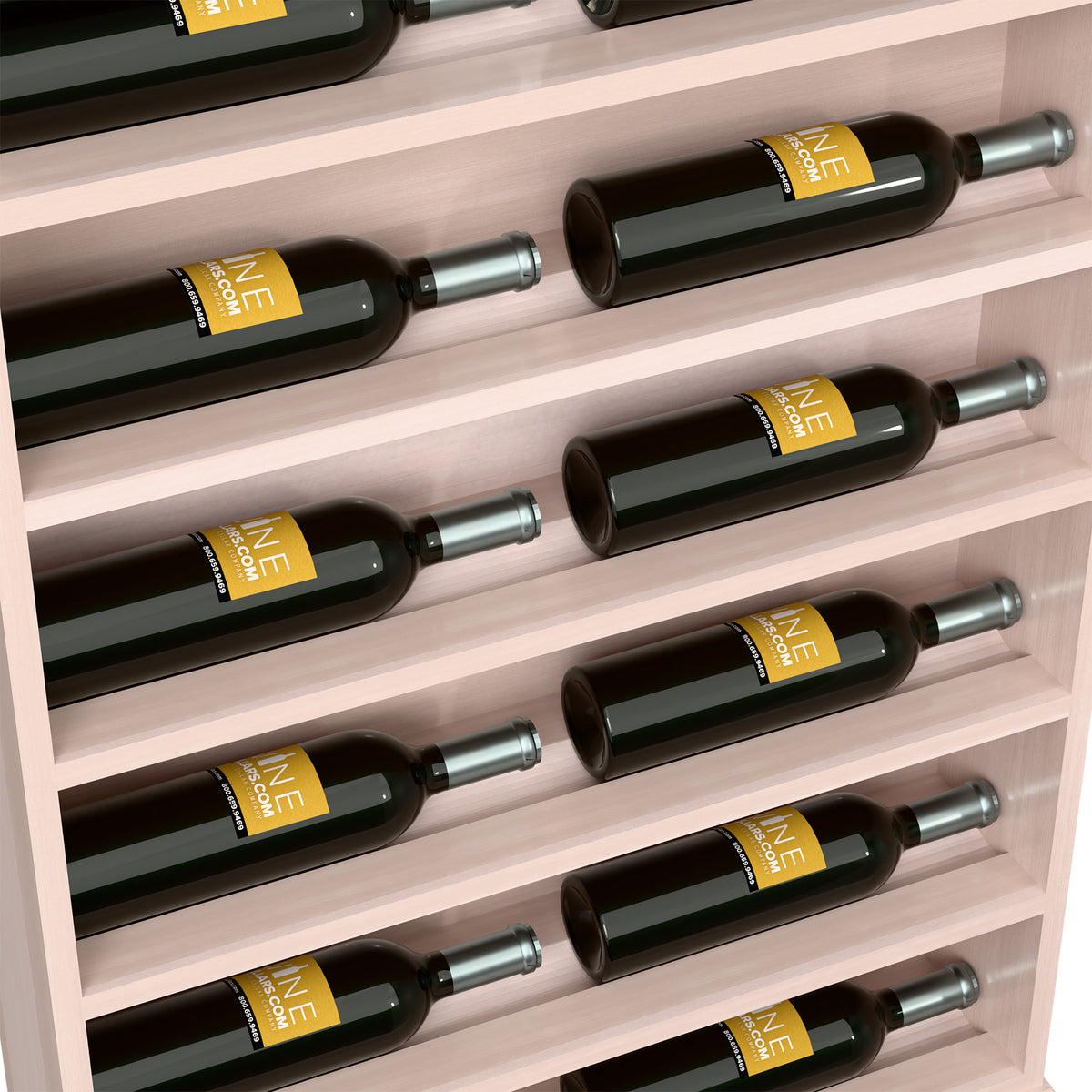 Close-up of white wine display end cap shelves with green bottles and metal caps