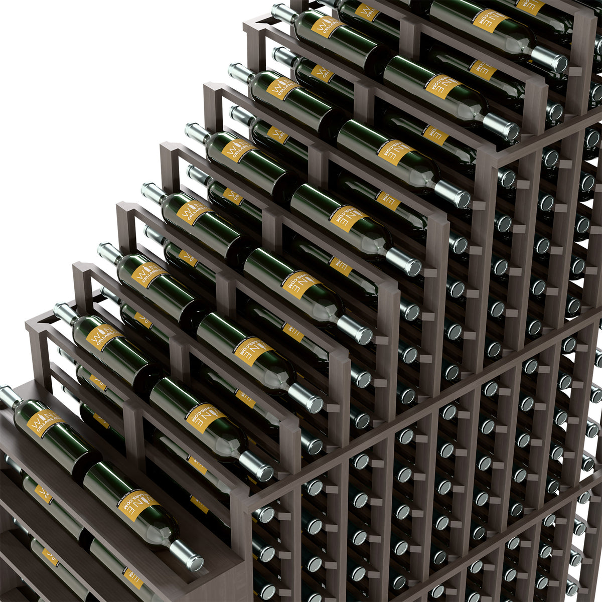 Close-up of dark gray wine bottle rack with metal pegs and cascading rows of bottles