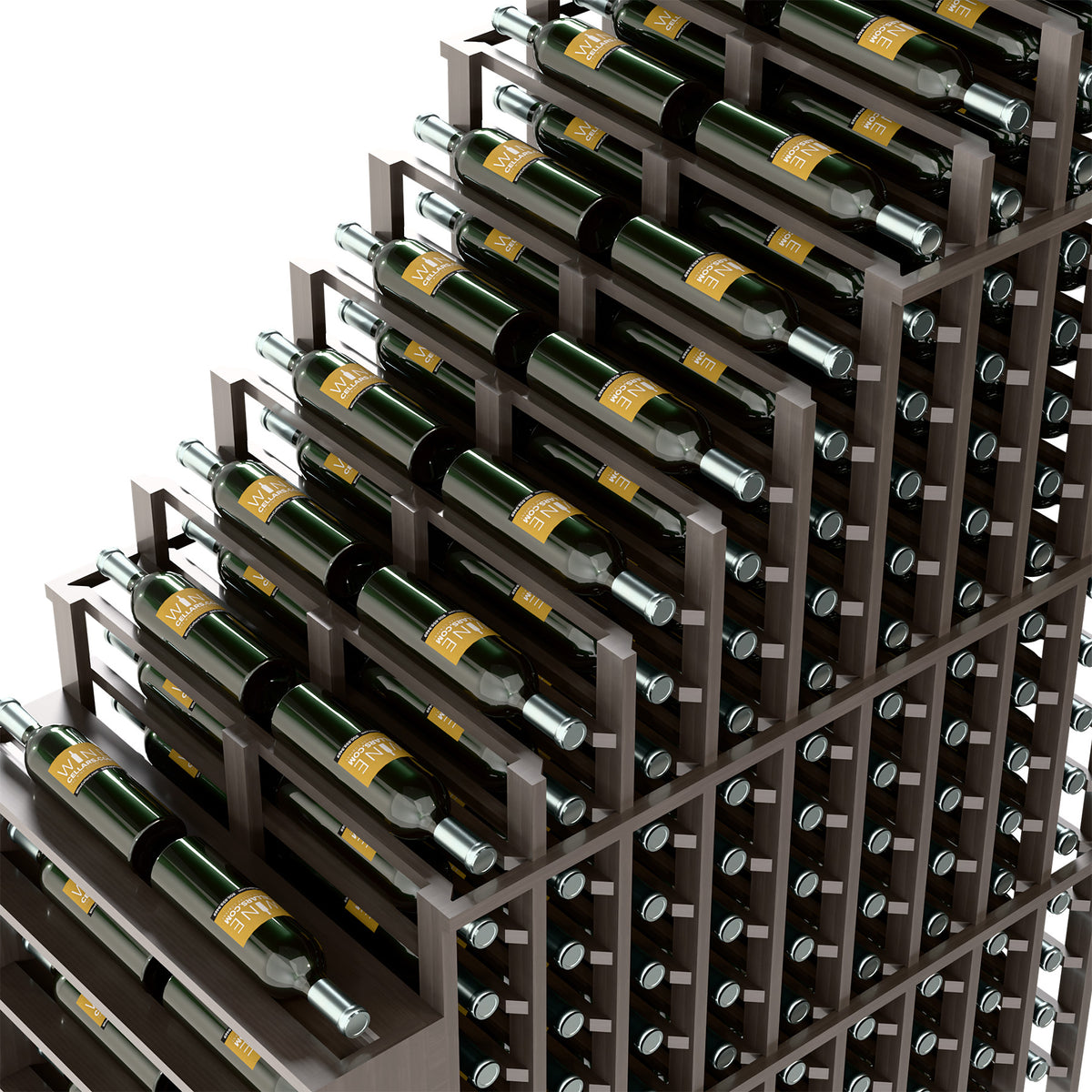 Close-up view of dark gray wine rack showing metal bottle supports and stacked rows