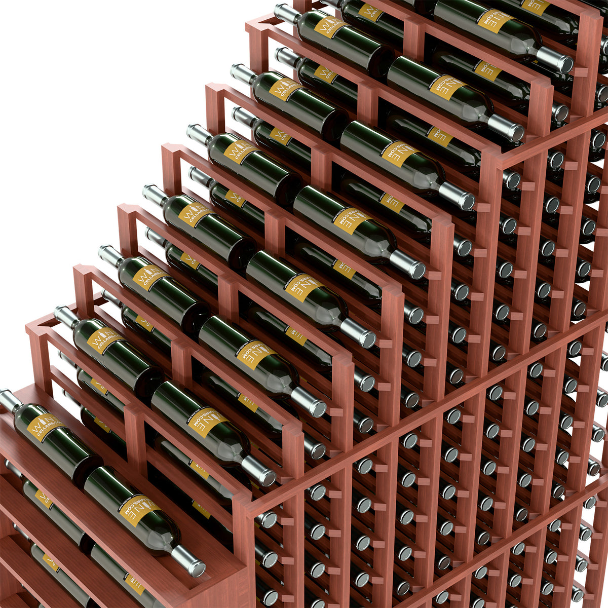 Close-up of red-brown wine bottle rack with metal pegs and cascading bottle rows