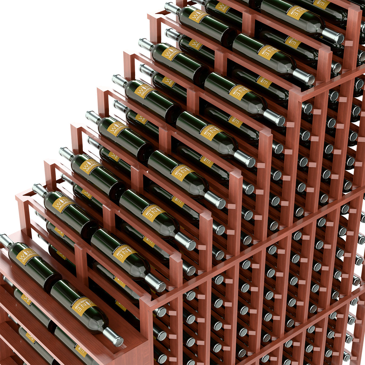 Close-up of red-brown wine rack with metal bottle supports and multiple cascading rows