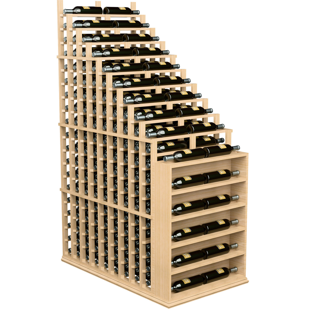 Double deep wine rack with cascading bottle slots and end panel, light wood and silver pegs