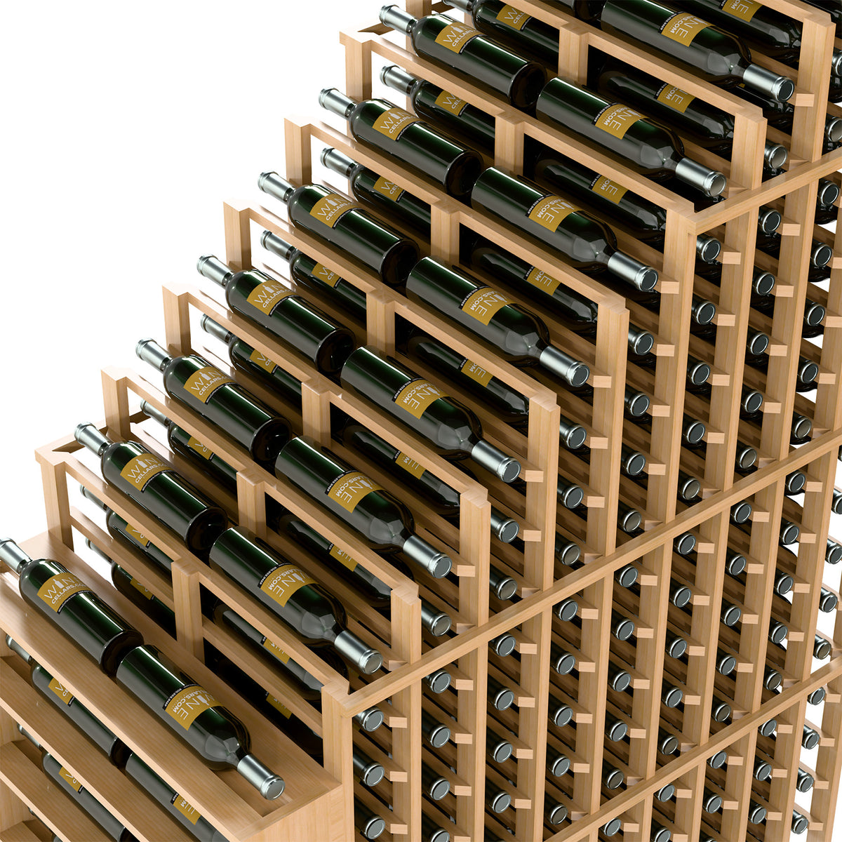 Double deep wine rack corner view with cascading rows, bottle rests, and silver holders