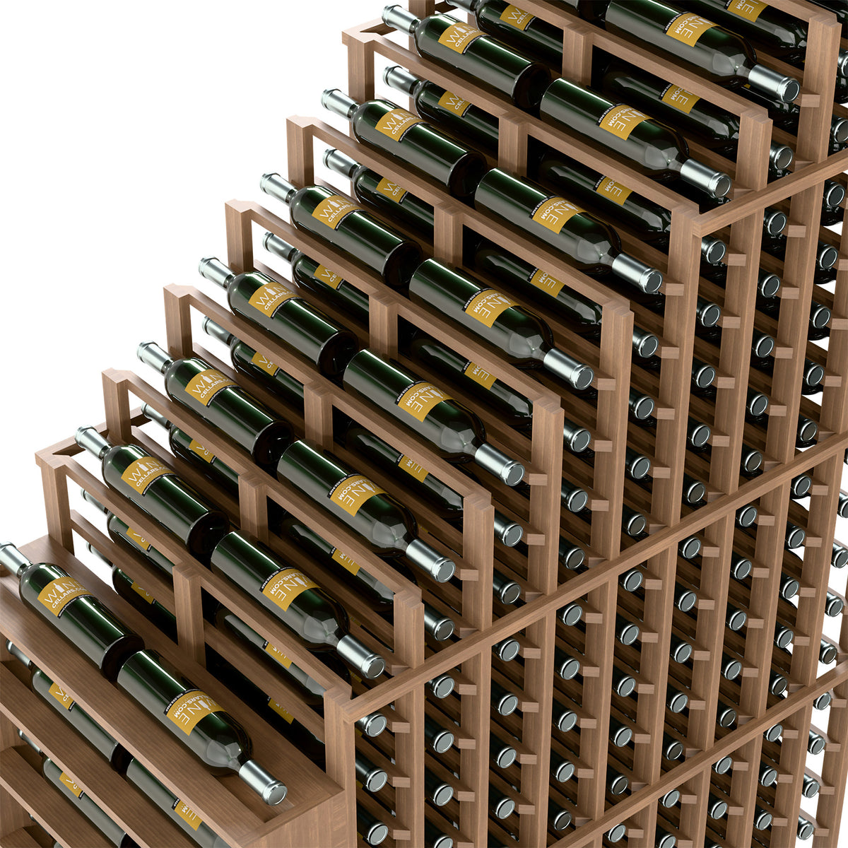 Double deep wine rack close-up of cascading rows, bottle neck supports, and silver pegs
