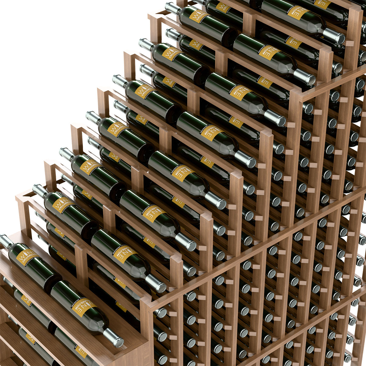 Double deep wine rack angled view showing cascading bottle rows and silver support pegs