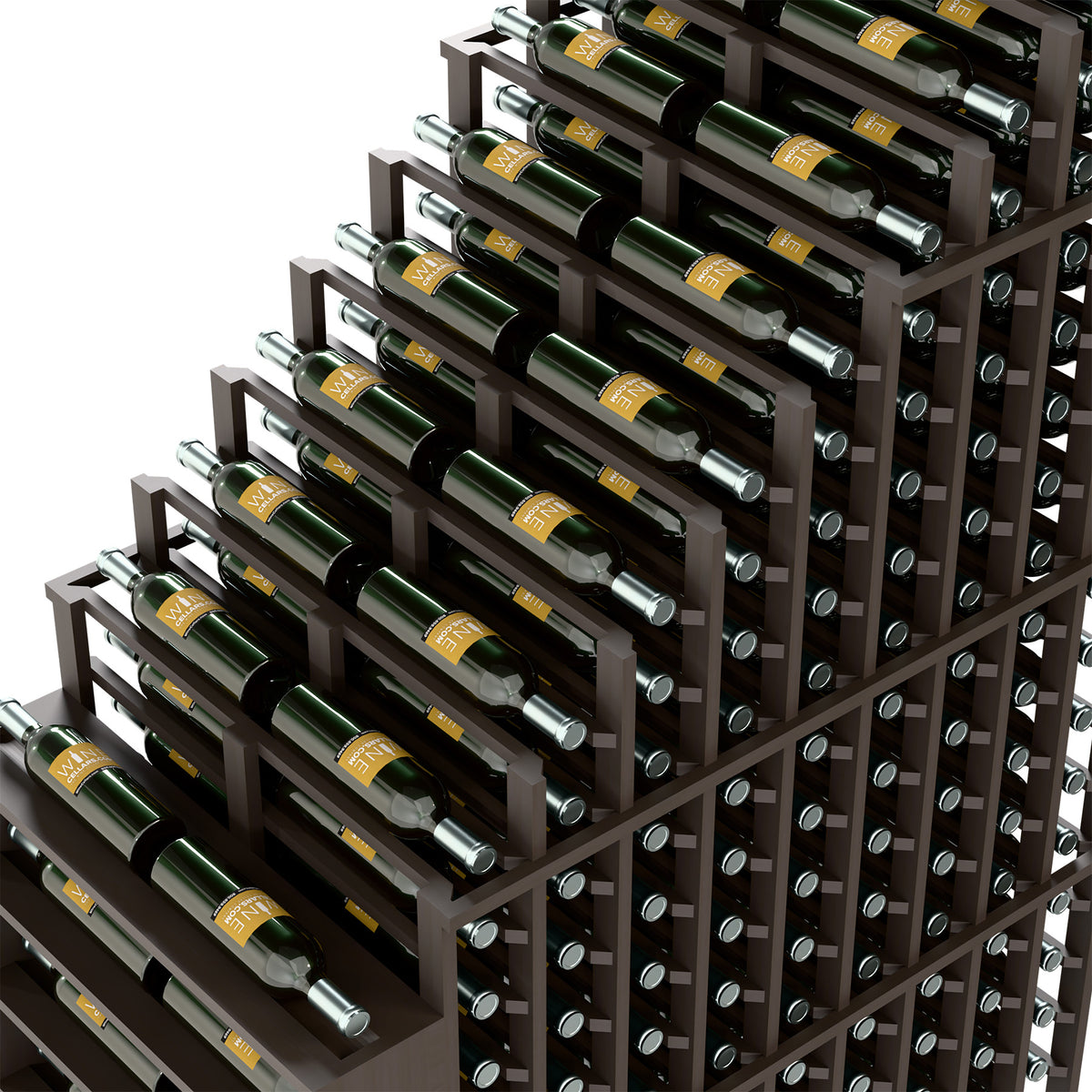 Double deep wine rack close-up corner view with cascading rows, bottle rests, and silver holders
