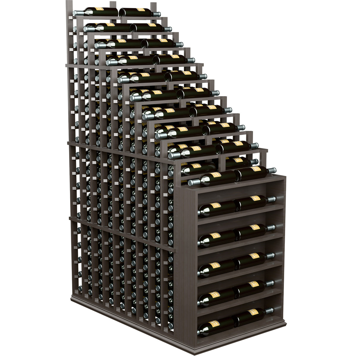 Double deep wine rack with cascading bottle slots and endcap, grey wood frame