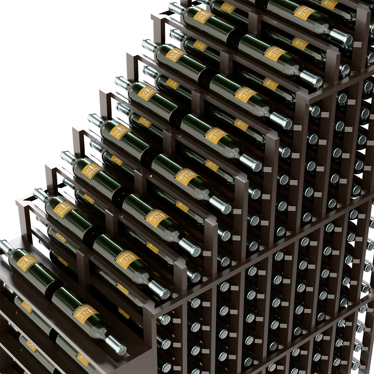 Double deep wine rack close-up showing cascading bottle rows and silver support pegs