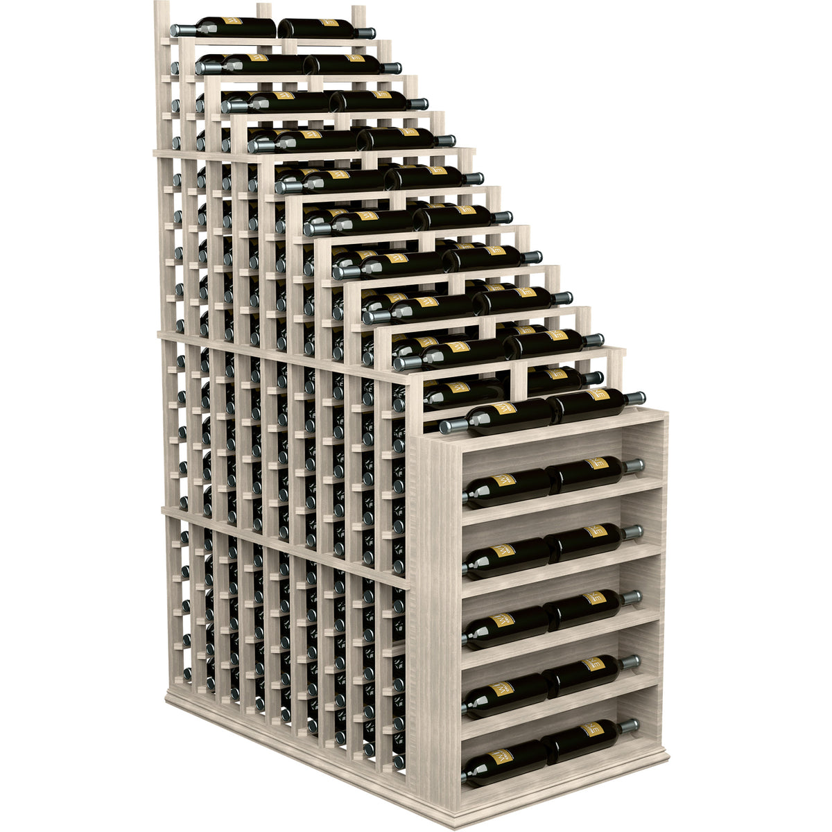 Freestanding double-deep wine rack with endcap, holding multiple bottles in staggered rows