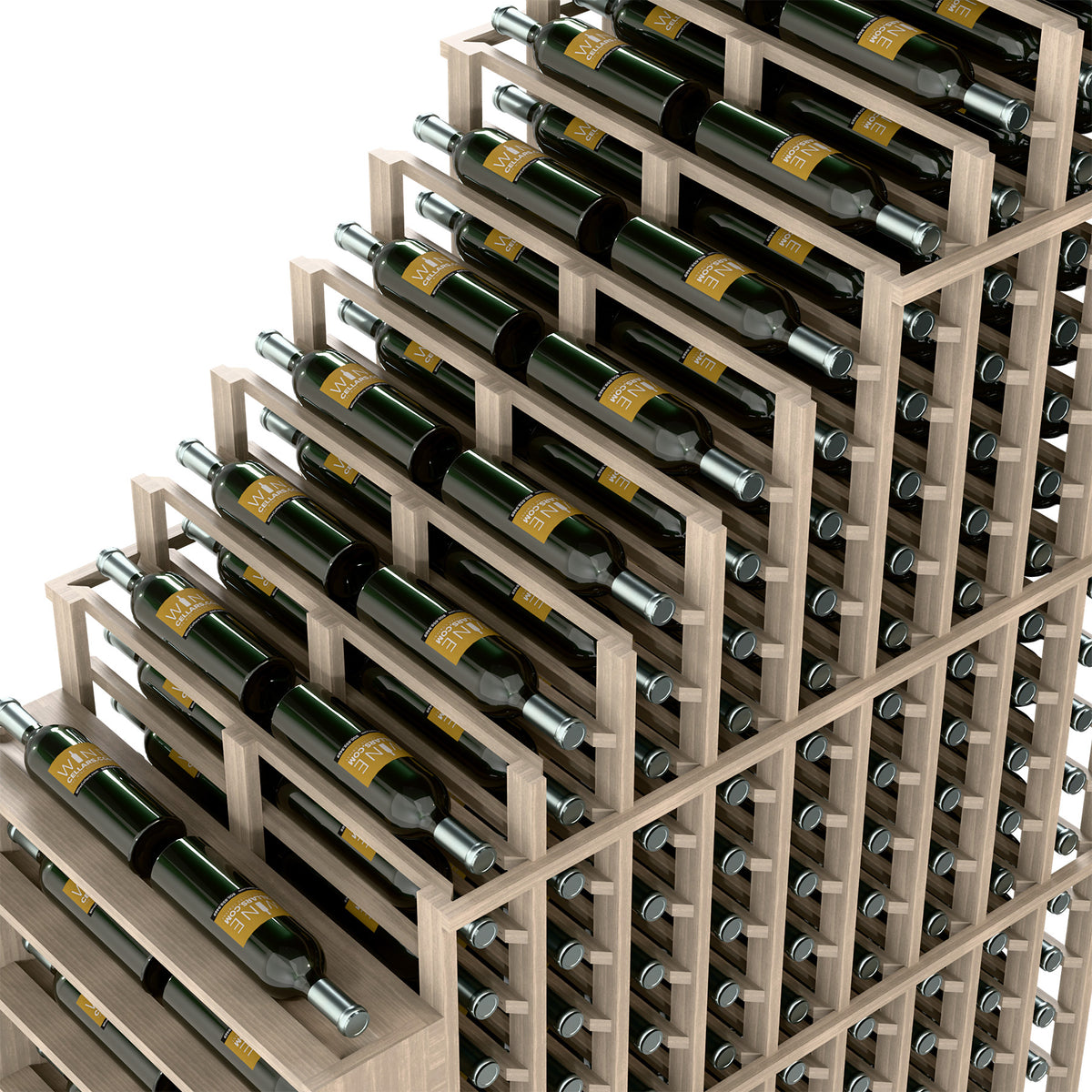 Close-up of double-deep wine rack showing bottle storage rows and metal support rods