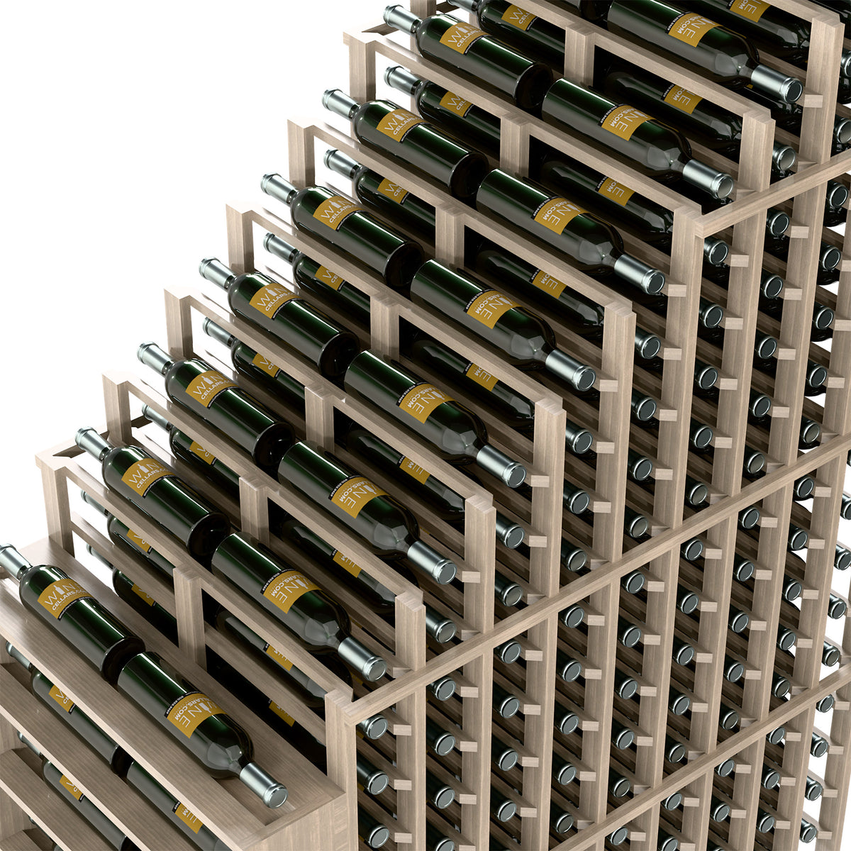 Angle view of double-deep wine rack with front bottle slots and back circular peg holes